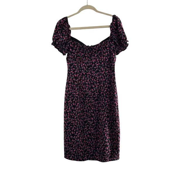 City Triangles Black Pink Floral Mini Dress Puff Sleeves Size L Ruffle Milkmaid - Picture 7 of 11